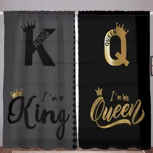 2 pieces of black text and golden crown artistic design printed curtains for king and queen. Made of polyester, semi-transparent material, machine washable. Suitable for bedrooms, living rooms and home decoration.