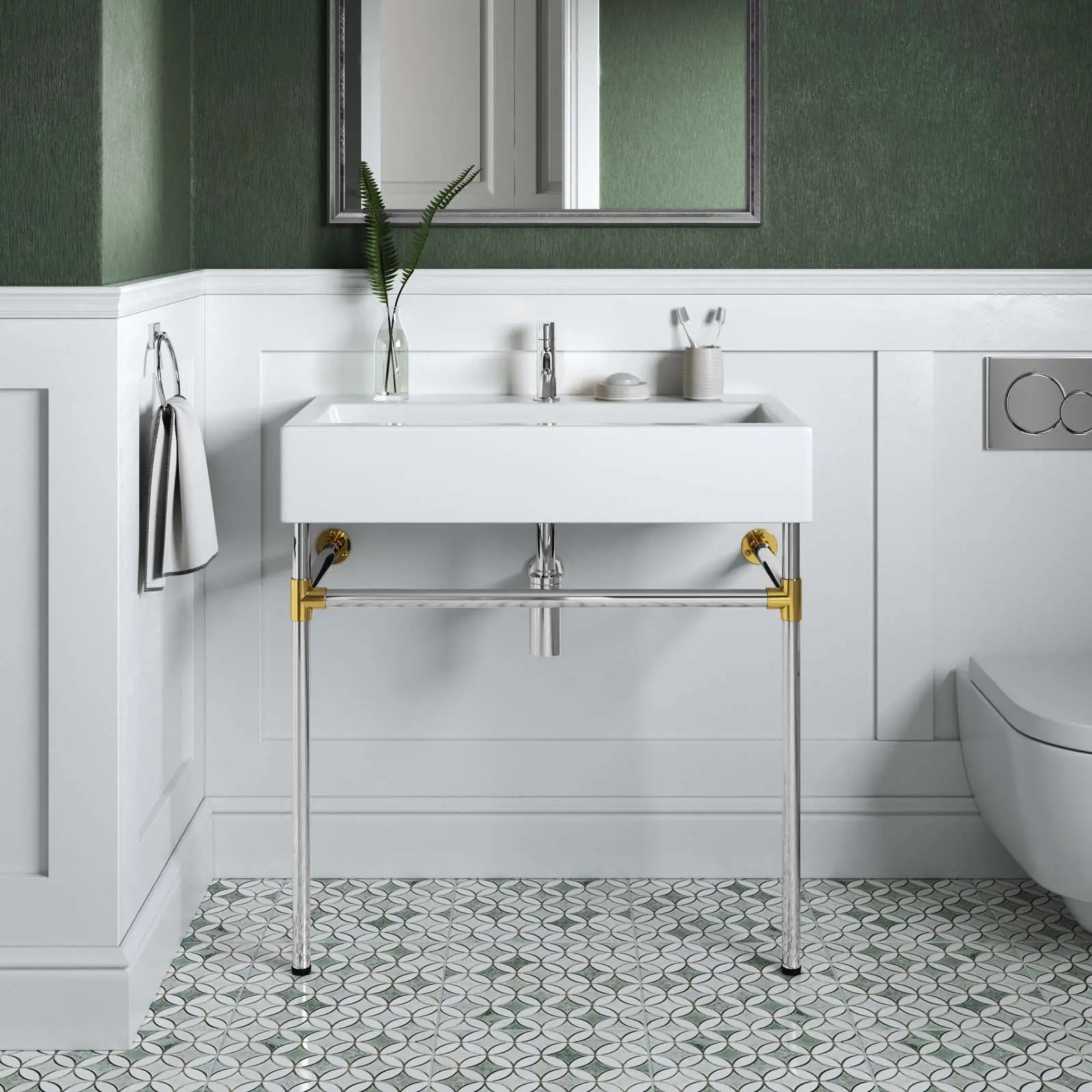 Modway Redeem 32" Modern Rectangle Silver Stainless Steel Wall-Mount Bathroom Vanity Set with Faucet, Silver White Finish, Bathroom Decor Set, Assembly Required, 32 Inches