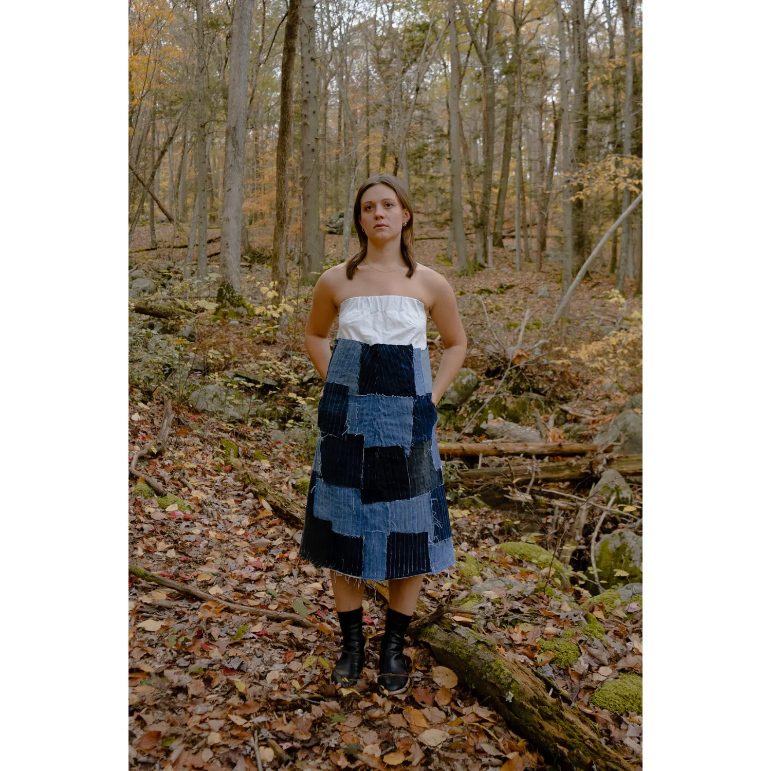 Run & Follow A-Line Patchwork Eliza Dress- Recycled Denim + White Cotton Dress