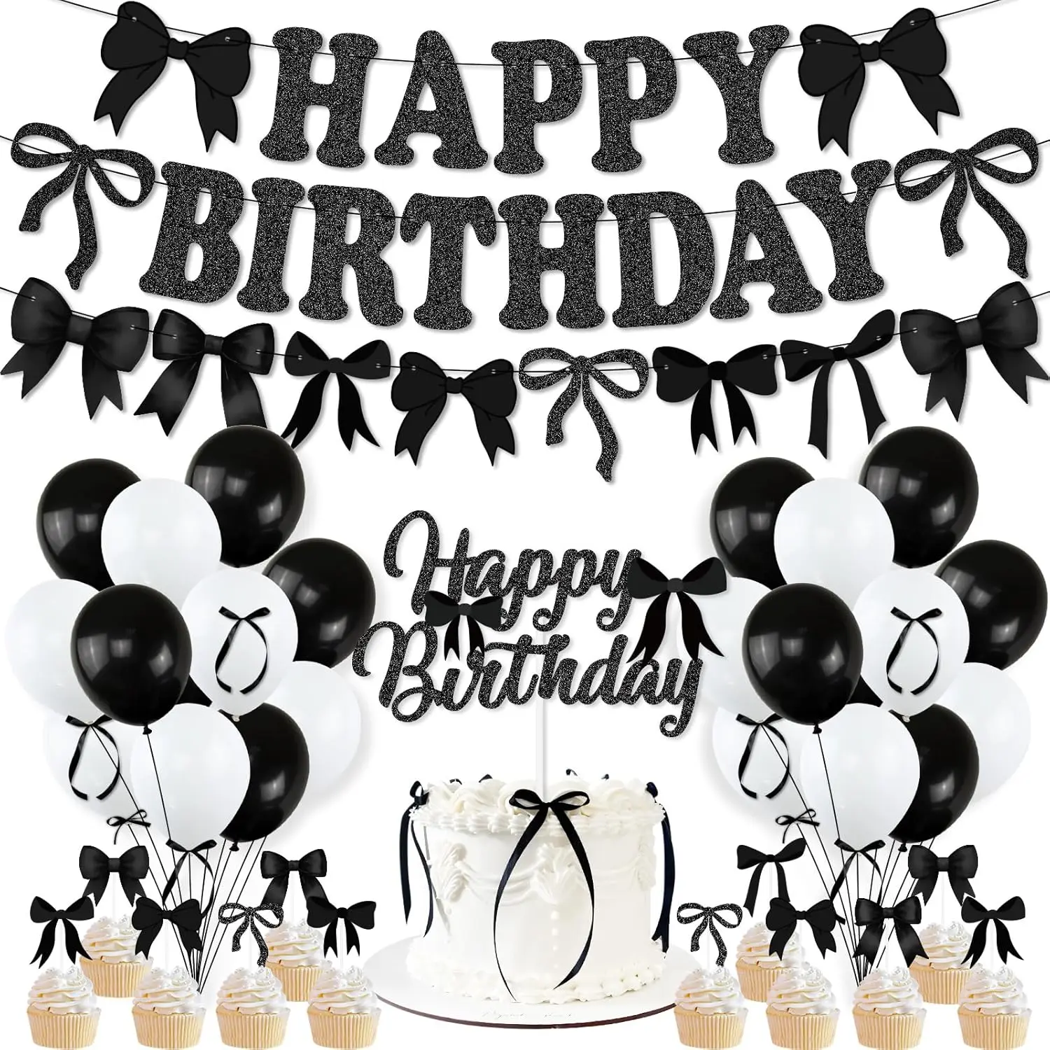 Black Bow Birthday Party Decorations, Girl Bow Birthday Decortions, Black White Balloons, Bows Banner Garland, Bows Cake & Cupcake Toppers and Satin Ribbon for Bow Party Decor