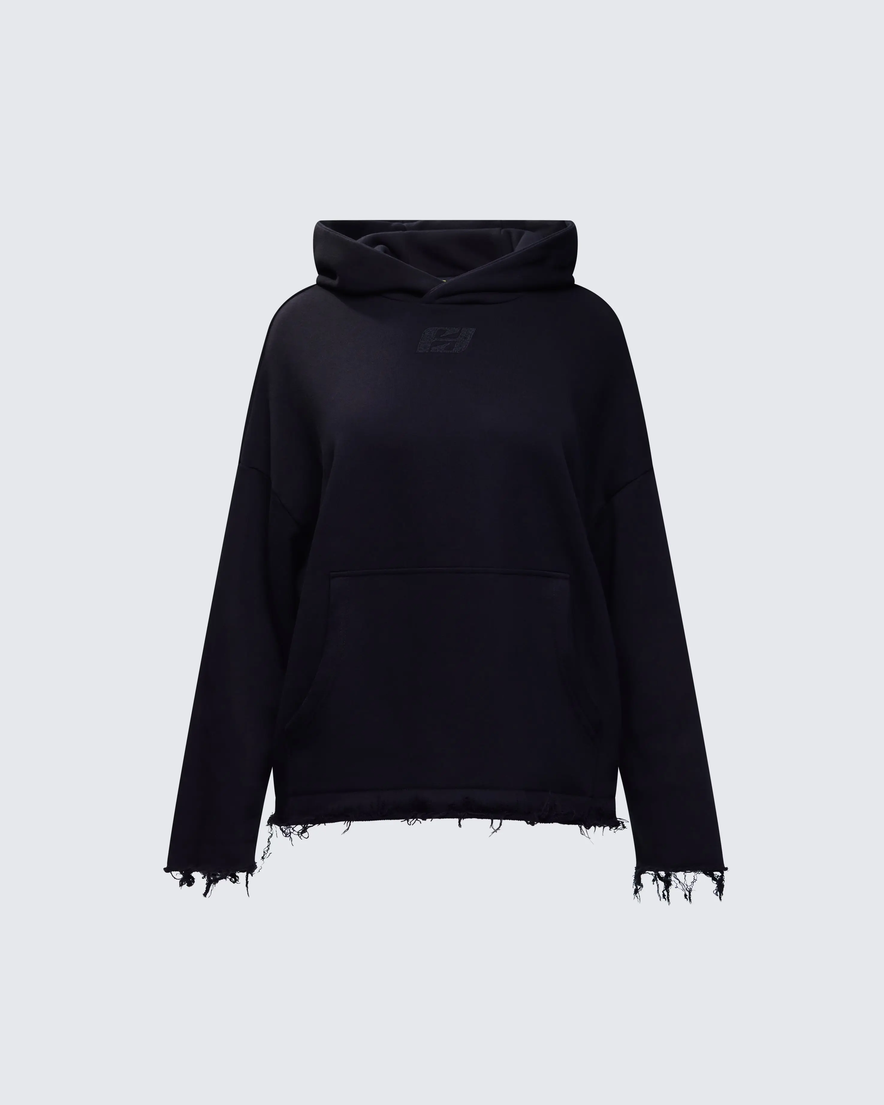 Men's Aaralyn Black Distressed Oversized Hoodie, Menswear Tops, Sweatshirts with Kangaroo Pocket, Embroidered