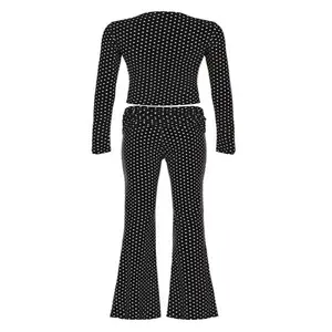 Women's Polka Dot Print Asymmetrical Neck Top & Pants Two-piece Set Slim-fitting Y2K Style Long Sleeve Below the Ankle Winter Clothes - Womenswear