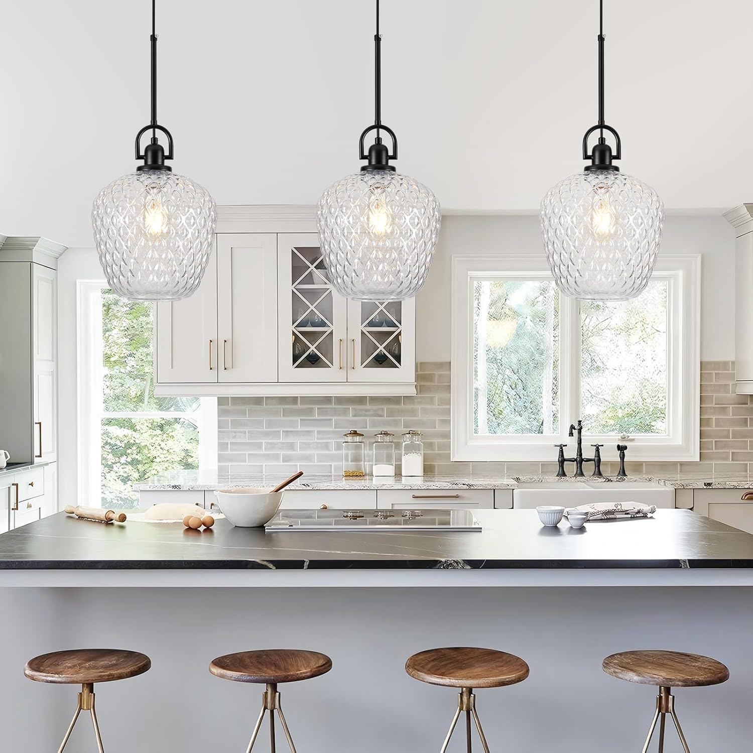 Large Glass Pendant Lights Kitchen Island, 10" 1-Light Black Fixtures with Hammered Glass Modern Hanging Light for Kitchen Island Dining Room Entryway Foyer