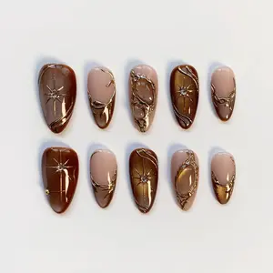 Handmade Fall Cat Eye Press On Nails, 3D Gold Chrome Nail