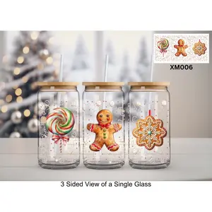 “Gingerbread Treats” UVDTF Wrap on 20oz Can Glass with Bamboo Lid and Glass Straw [XM006]