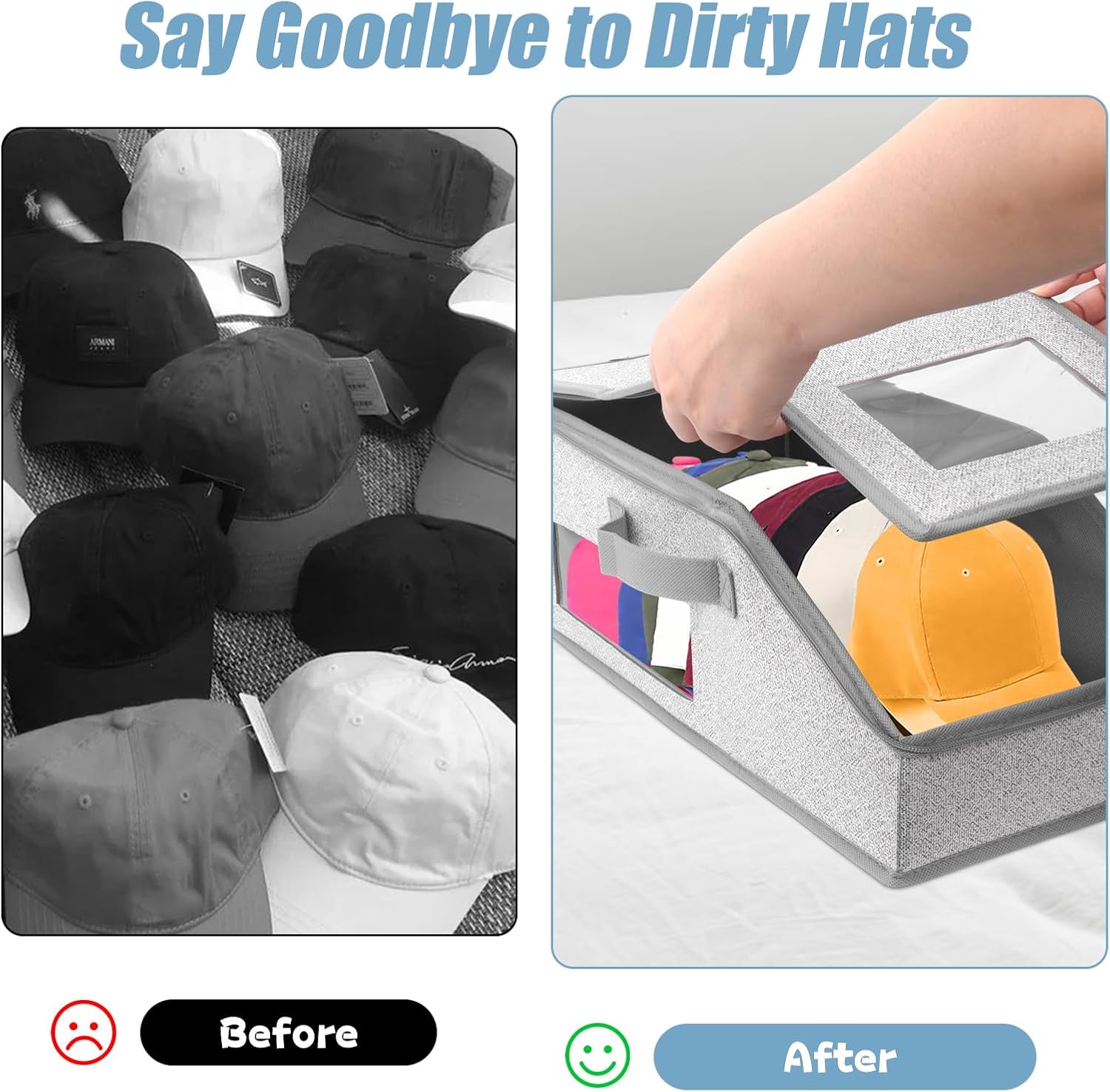 2 Pack Hat Storage Organizer for Baseball Caps – Stackable, Foldable Fabric Boxes with Transparent Lid, Holds Up to 24 Caps, Reinforced Cardboard Base, Dustproof, Easy Access & Portable, Ideal for Home, Dorm, Closet, Bedroom, Shelf, or Travel