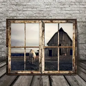 1 Piece Framed Barn Window Canvas Wall Art - Rural Farmhouse Painting with Realistic Window Pane Effect, White Horse and Barn Scene, Ready-to-Hang Wrapped Frame, Suitable for Rural Living Room, Bedroom, Office Decoration - Vintage Farm Scene Picture, 2D F