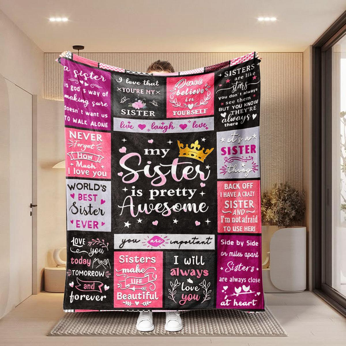 1 PC Sisters Friendship Flannel Throw Blanket, Colorful Patchwork Design, Heartwarming Quotes, Perfect for Bedroom & Sofa, Cozy Atmosphere