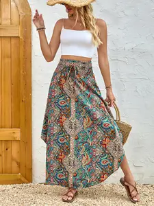 Women's Paisley Print A-Line Midi Skirt, Super Long Beach Set, Casual Summer Boho, Trendy Fashionable Design, Perfect for Vacations