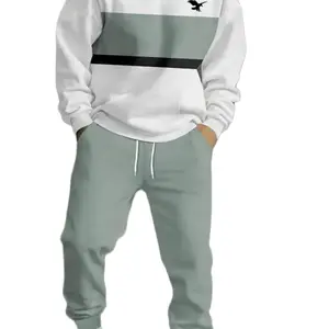 Men'S 2pcs 3D Two-Tone Color Block Hooded Sweatshirt & Jogger Set - Oversized Streetwear Outfit with Drawstring Hood & Pocket, Light Grey/ Colorblock, Spring/Fall Gym & Casual Wear, Comfortable Warmth for Outdoor Training