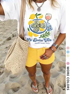 Women's Short Sleeve Summer T-Shirt with Lemon Oyster Print, Loose Fit Casual Streetwear Style for Youth, Stylish and Sweet Everyday Wear Womenswear