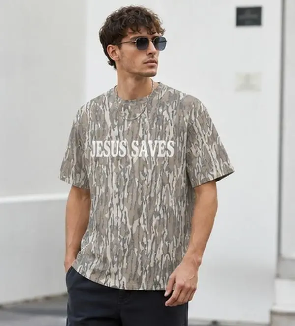 Menswear Casual Jesus Saves Camo Graphic T-Shirt, Christian Faith Short-Sleeve Vintage Camouflage Religious Tee