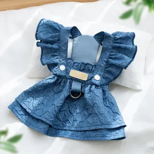 Pet Clothes Dog Cat Jeans Dress Causal Breathable Comfortable Summer With Leash Ring D00083