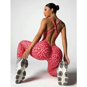 Women's Leopard Print High-Waisted TummyControl Sports Jumpsuit - Open Back, Built-in Bra, Seamless Stretch Activewear forYoga, Gym Workouts, Sports Jumpsuits