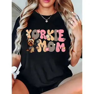 Women's Yorkie Mom T - Shirt | Cute Yorkie Dog & Floral Print, Casual Daily Tee for Dog Lovers & Yorkie Moms, Perfect for Everyday Wear & Pet - themed Occasions 100% Cotton T-shirt