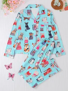 Women's Cartoon Cat Print Loungewear Pajama Set, Lapel Long Sleeve Cardigan & Elastic Pants, Casual Home Wear for All Seasons