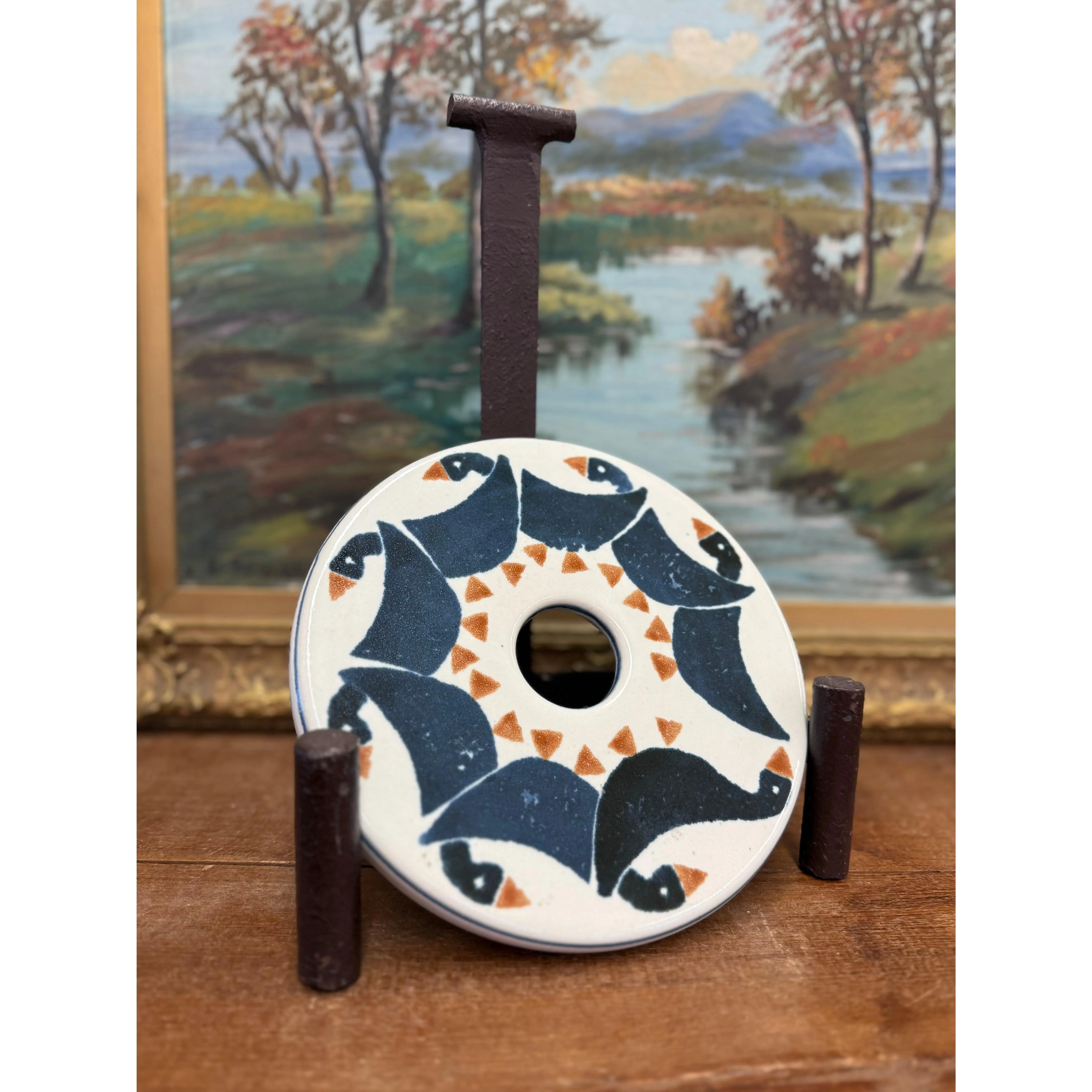 Vintage Signed Handmade Ceramic duck Art Decorative Ceramic Disc with Geometric Bird Design