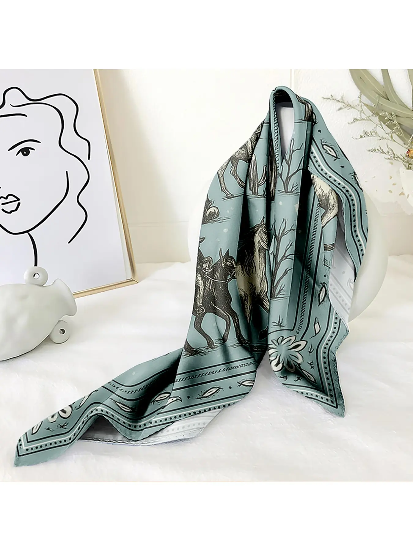 Women's Western Cactus Denim Print Satin Towel, Bohemian Hairband, Festival Essential, Summer Cowboy Accessory, Retro Rustic Headscarf, Scarf Head Wrap, Boho Style Scarf
