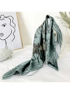 Women's Western Cactus Denim Print Satin Towel, Bohemian Hairband, Festival Essential, Summer Cowboy Accessory, Retro Rustic Headscarf
