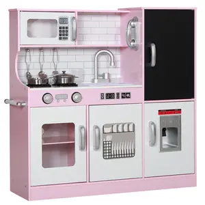 Kids' Pretend Play Kitchen Set - Pink Children's Indoor Furniture with Play Phone, Chalkboard, Towel Rack, Ice Maker for 3-8 Years Old