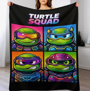 Neon Shell Squad Flannel Blanket, Cartoon Reptile Hero Throw, Colorful Cozy Decor Blanket