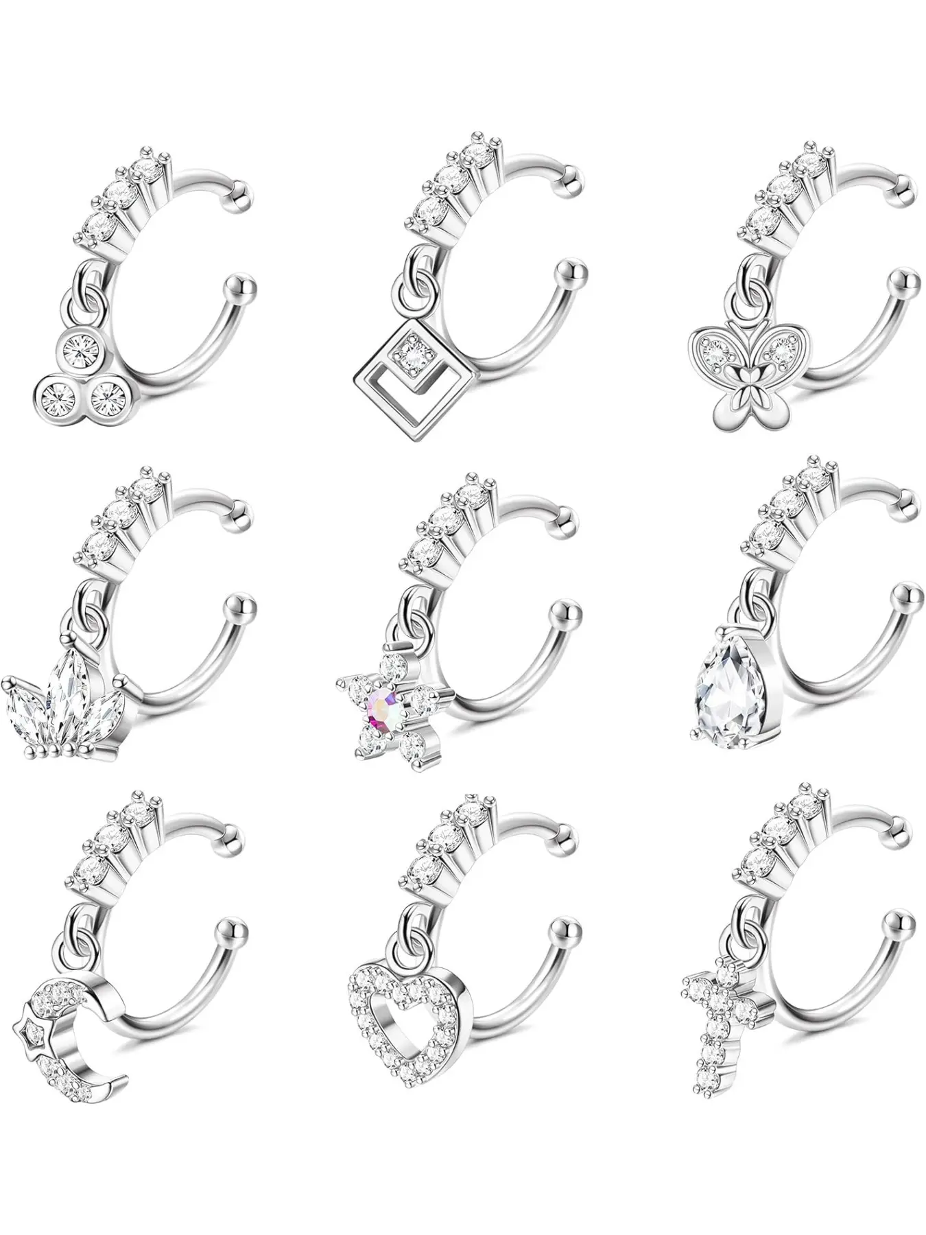 9 Pcs 20G Dangle Fake Nose Rings Set Hoops for Women CZ Cubic Zirconia Gems Nose Ring Dangle Nose Rings Non Piercing Cartilage Earring Nose Cuffs Dangling Faux Nose Piercing Jewelry Accessories