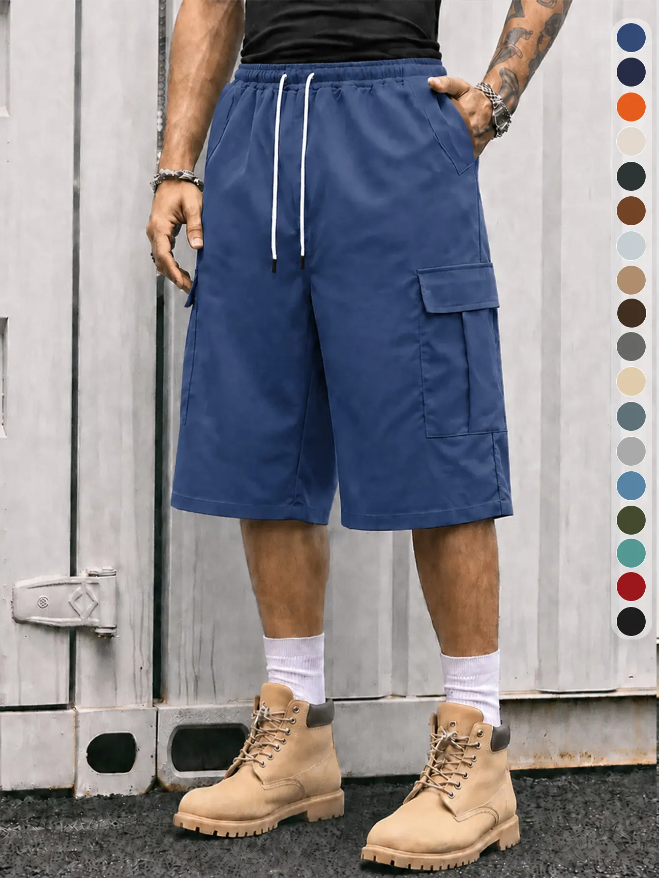 Men’s solid blue wide-leg cargo shorts — streetwear cargo, functional casual style, breathable loose fit, commuter casual look, versatile men’s design, minimalist relaxed vibe, hip-hop style, American vintage style, breathable fabric version, trendy brand