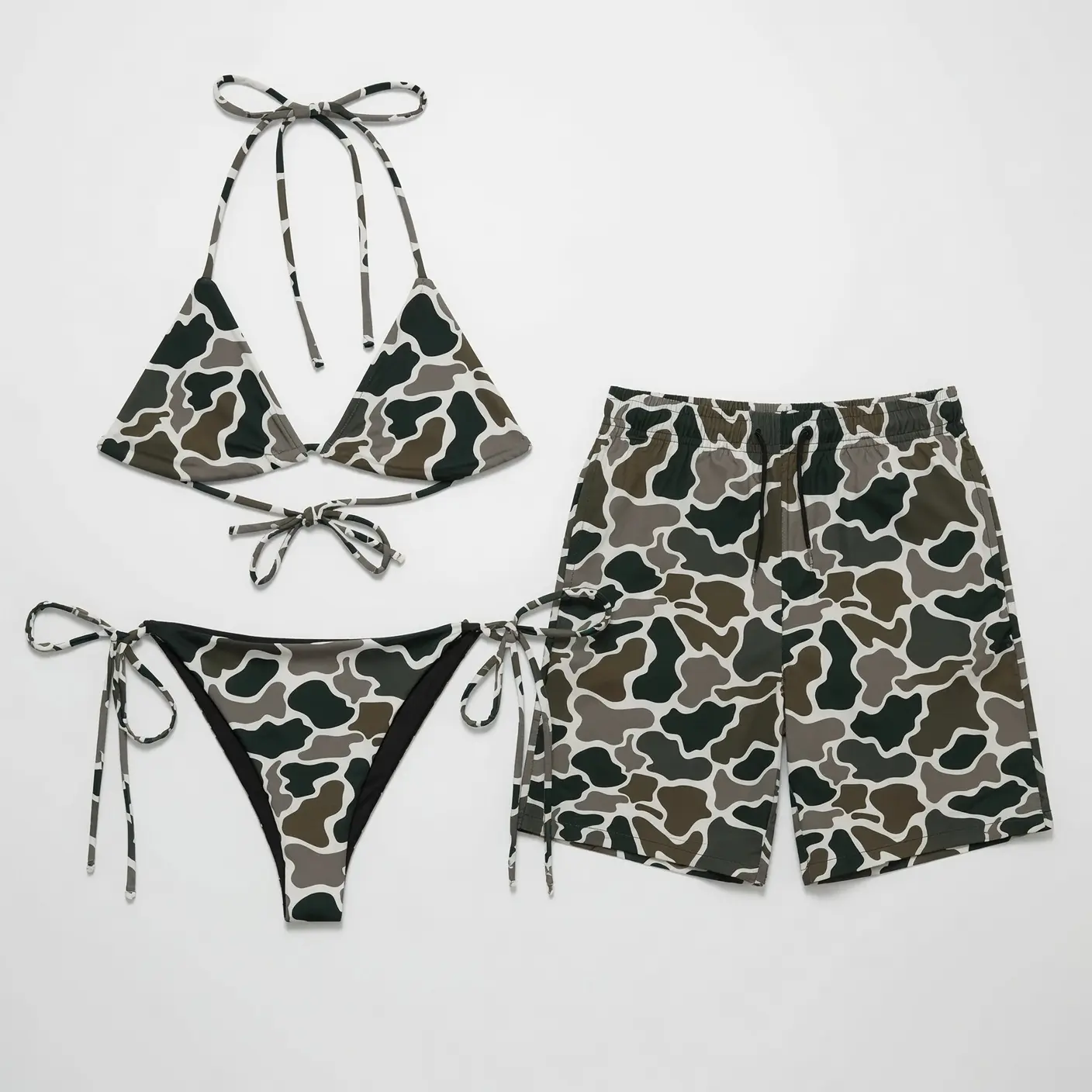 Green Duck Camo Matching Couple Swimwear Set, String Bikini and Hawaiian Shorts for Women Men, His and Hers Camouflage Swimsuit, Summer Beach Vacation Pool Party Outfit Gift for Couples