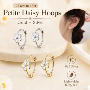 2 Pairs Daisy Flower Hoop Earrings for Women, Gold & Silver Huggie Earrings Set, Cute Lightweight Everyday Jewelry Gift