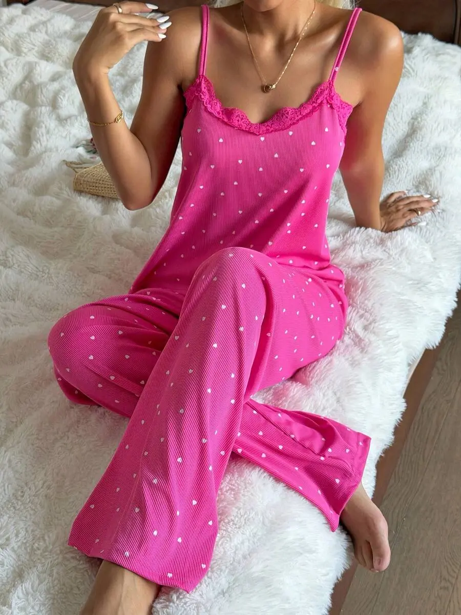 DAZY Women's Knitted Ribbed Contrast Lace Heart Print Camisole And Long Pants PJS, Suitable For All Seasons Cami PJS Pink Sleepwea Hot Pink PJS
