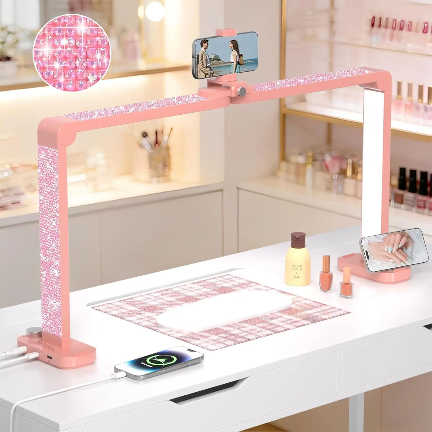 Half Moon LED Manicure Lamp, Pink Rhinestone Desk Light with Phone Holder, Professional Nail Station Accessory & Gift for Women, Half Moon Shape, Nail Art, Pink Rhinestone Half Moon