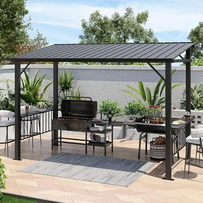 Aoxun 12x5/6 FT Gazebo, Grill Gazebo with Sloping Steel Roof, Black, Weather resistant Outdoor BBQ Canopy with 2 Side Shelves & Hooks, Permanent Metal Gazebo for Patio, Backyard, Deck
