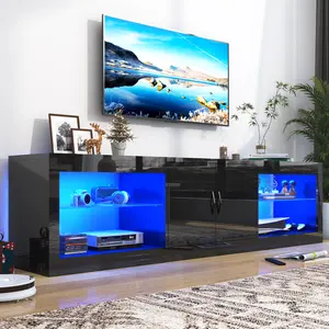 70/86.6 Inch Led TV Stand for 90/80/75 Inch TV, Modern Black Entertainment Center with Adjustable Glass Shelves Two Cabinets, Gaming High Gloss TV Stand with Led Light for Living Room,Black