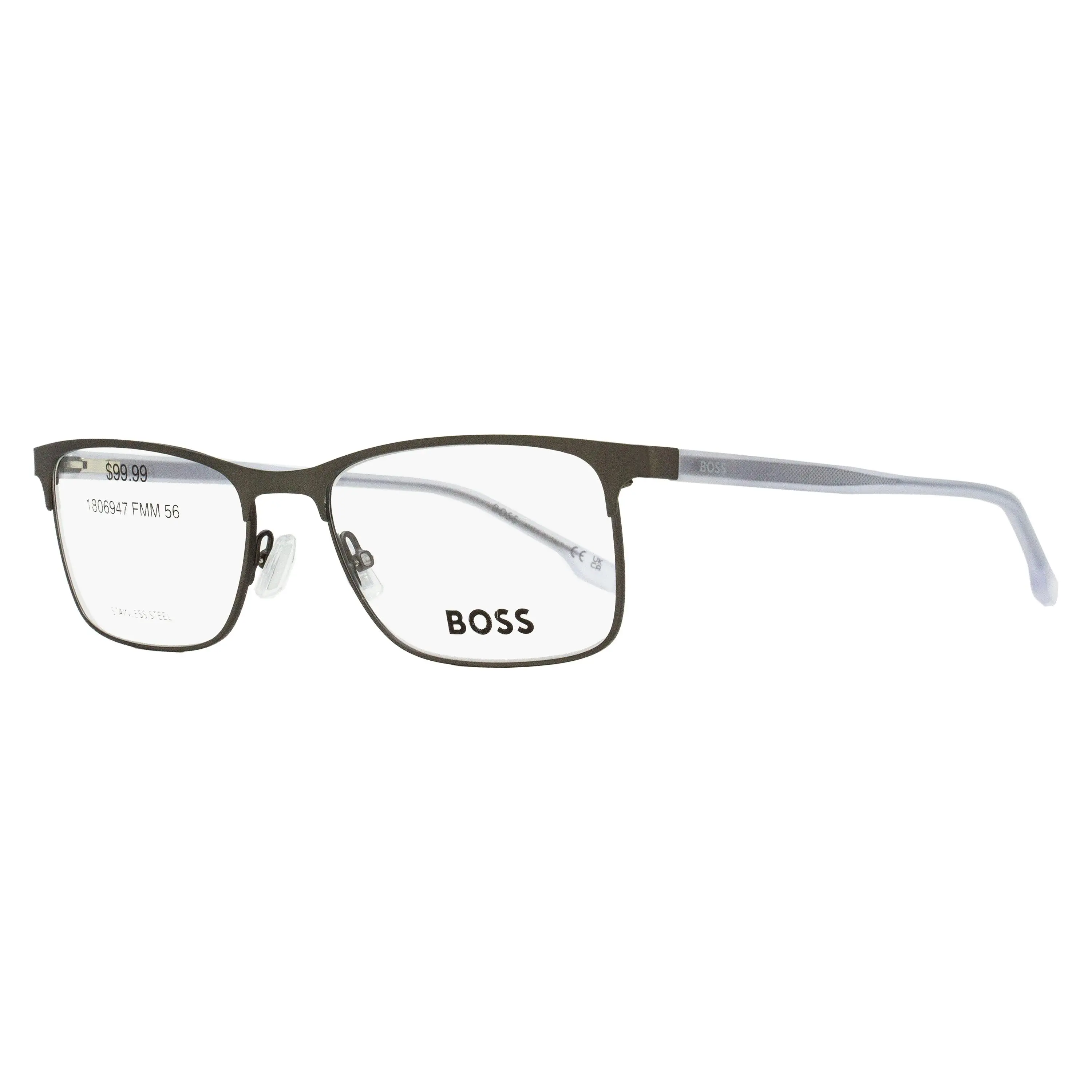 HUGO BOSS Boss 967IT Men's Rectangular Eyewear, Stainless Steel and Acetate Optical Frames with Spring Hinges, Matte Gray, 56mm, Eyewear Fashion, Rectangular Face Shape