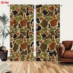 2D Flat, 2D Flat 2pcs Camouflage Curtains, Olive Green & Dark Brown Hunting Camo Pattern with Black/ Orange-Brown Bird Silhouettes, Beige Base Military Style Room Darkening Drapes for Living Room Bedroom, 2D Flat, Room Decor Curtain