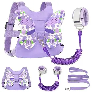 Easter Gift Toddler Harness Leash + Anti Lost Wrist Link, Kids Butterfly Harnesses With Children Leashes, Cute Baby Leash Walking Assistant Wristband Strap Tether for Girls Outdoor (Purple)