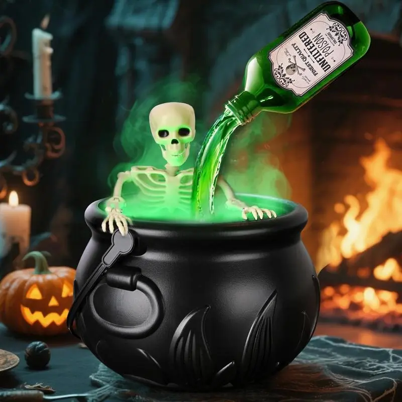 Halloween Interior Decoration Large Pot with Magic Floating Potion Bottle & Diffuser Black Plastic Witch Bowl for Hocus Pocus Party Decor Spooky Retro Family Kitchen Table Magical Ornaments