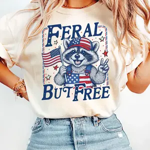 Funny Raccoon 4th of July Shirt, Feral But Free Patriotic T-Shirt, Independence Day Tee, USA Holiday Shirt