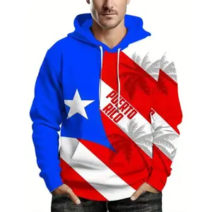 Men's Puerto Rico Flag Hoodie, Vintage Colorblock Casual Sweatshirt, Lightweight Polyester Blend, Drawstring Hood