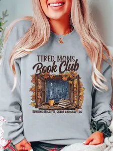 Autumn Fatigue Mom Reading Club Pattern Print, Fall Winter Casual Loose Pullover Sweater, Women's Round Neck Long Sleeve Top