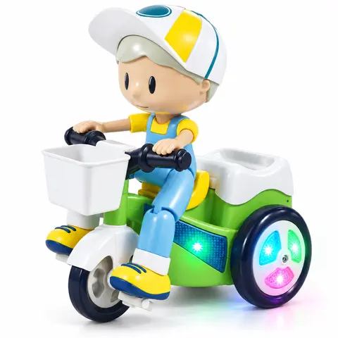 Electric Stunt Tricycle Toy with Boy Rider, 360° Rotation, Lights and Music, Green Battery Operated Vehicle for Kids Ages 3–4