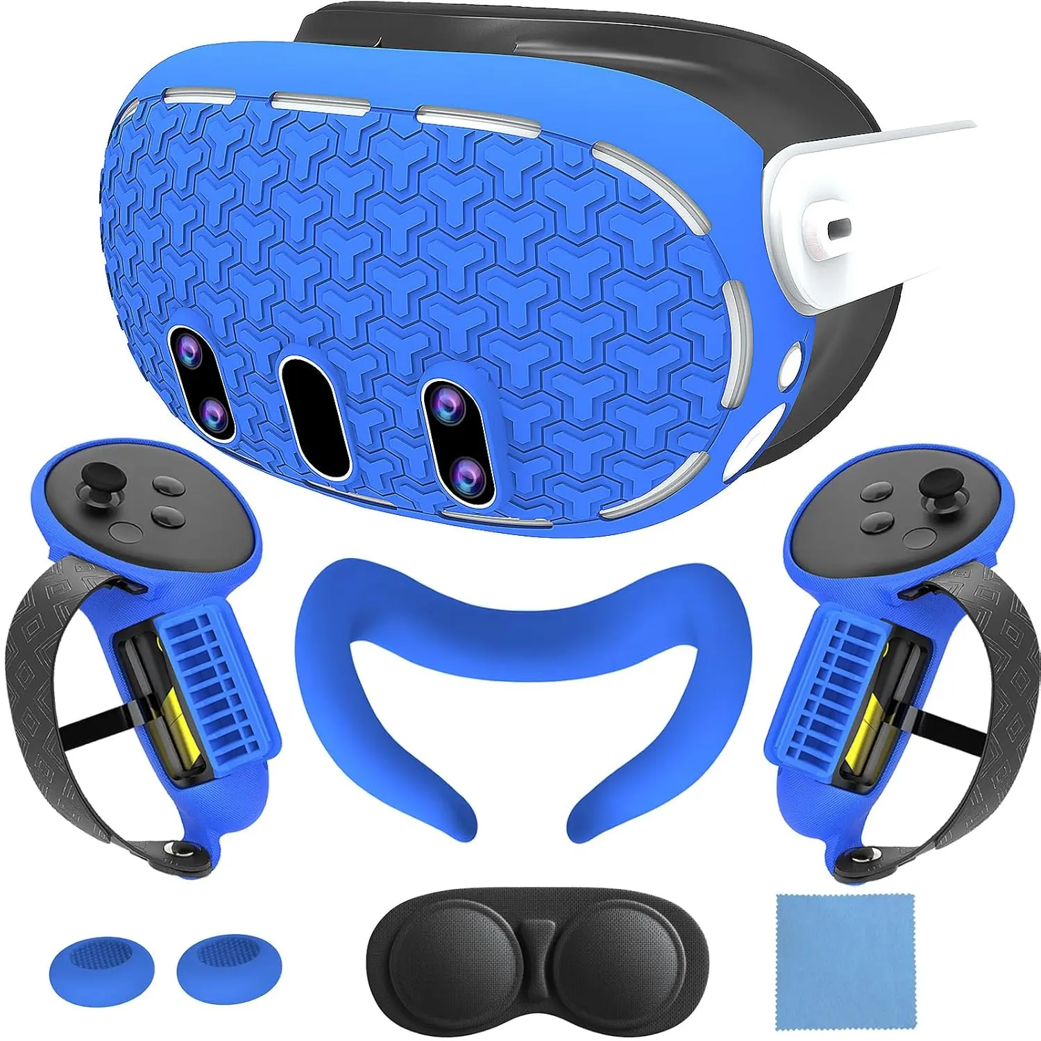 MtomatoVR 7-Piece VR Protective Case Accessory Set for Meta Quest 3 Blue Includes Silicone Face Mask VR Shell Controller Grip Protector Lens Cover Button Cover Nose Pad with Cloth - Wearable
