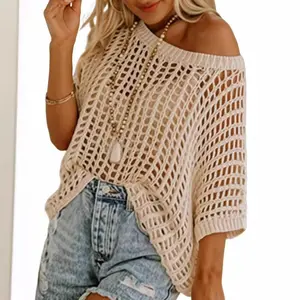 Womens Summer Scoop Neck Short Sleeve Sweater Casual Crochet Hollow Out Knit Tops Pullover Shirts Beach Coverup