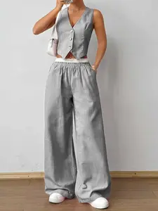 Elegant Striped Sleeveless V-Neck Vest & Colorblock Long Pants Set, Spring & Fall Fashion, Women's Two-Piece, Outfit, Womenswear