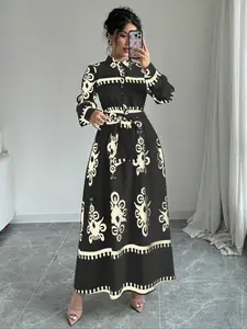 Women's Ethnic Pattern Long Sleeve Maxi Dress, Modest Bohemian Style Floral Print Dress for Spring & Fall, Women's Clothing for Daily Wear