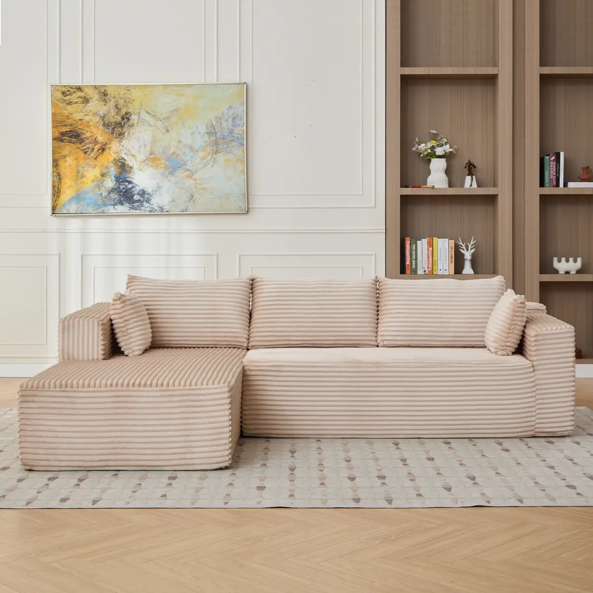 Beige Corduroy Minimalist 3-Seat L-Shape Reversible Modular Sofa Set - Sturdy Extendable Compression Sectional with Fixed Arms, Foam Deep Seat, Durable Boneless Chaise, Comfortable Sleeper, Fully Assembled for Living Room, Bedroom, Sponge