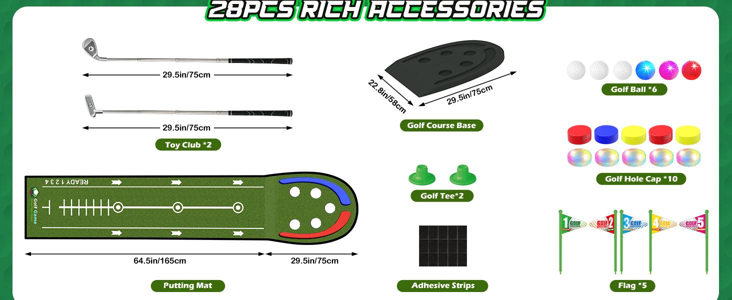 VATOS Golf Putting Mat Indoor for Kids - Golf Game Set with LED Balls, Glow Holes, Irons & Putters, Portable Putting Green Outdoor for Home Backyard Party, Golfs Toy Gifts for Kids 6-14