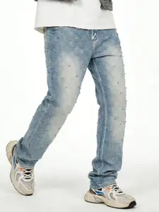 Men Rhinestone Skinny Ripped Jeans Y2k Stretch Slim Fit Stacked Jeans Grunge Denim Pants Ideal streetwear outfits