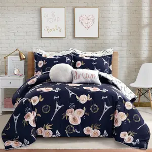 Lush Decor Vintage Paris Rose Butterfly Script Comforter Set - Reversible Eiffel Tower & Paris Script Design - Twin XL, Full/Queen, King Sizes - 5 Or 7-Piece Set