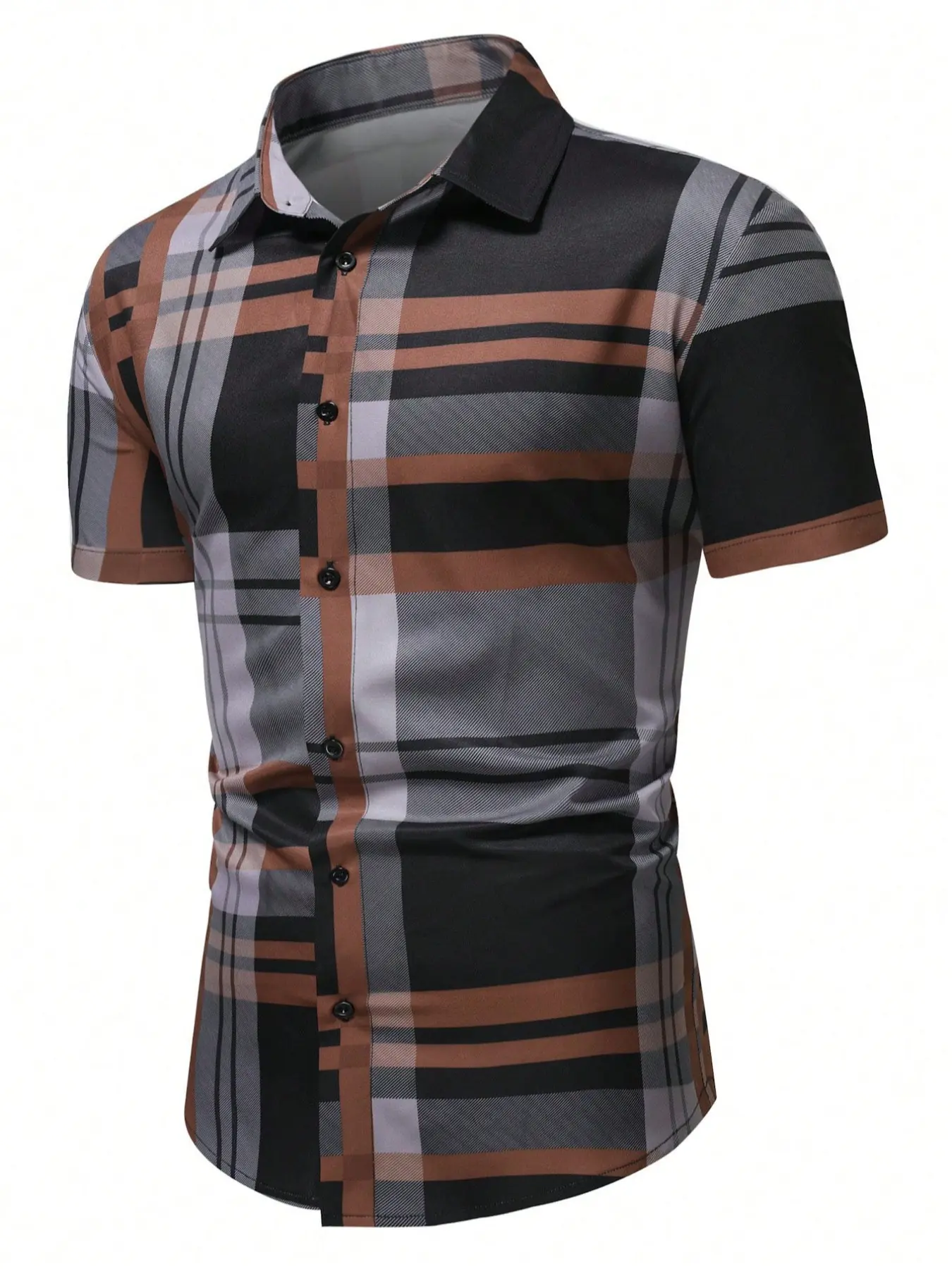 Men's Plaid Print Button Front Shirt, Spring Summer Short Sleeve Collared Top, Fashionable Fitted Casual Wear, Business Style Woven Fabric, Menswear Checked, Business Casual Shirts